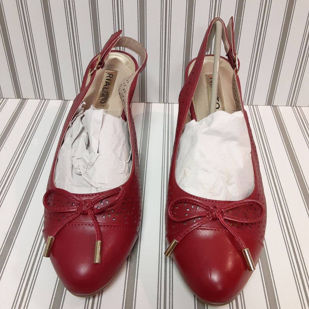 Rialto Casby Women's Red Smooth Leather Bow Detail Slingback Cork Wedge Shoes